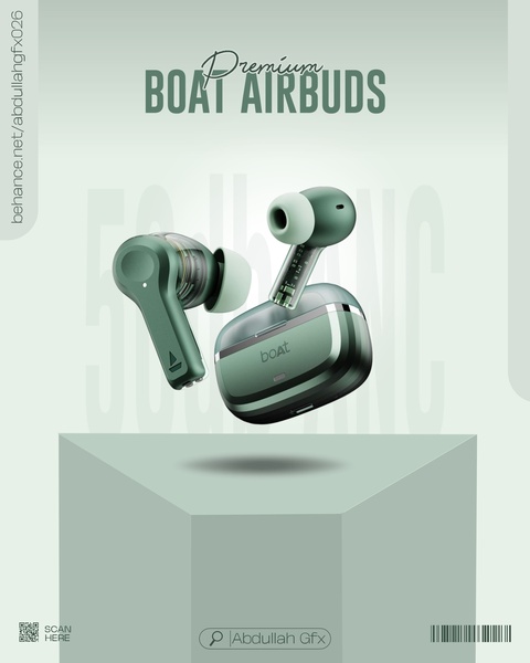 A clean, studio-lit hero shot of Boat Airbuds, featuring a split-level product display to highlight technical design and aesthetics.