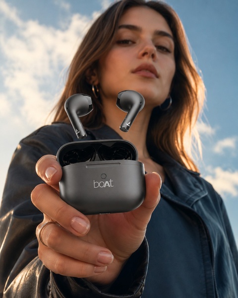 A striking close-up shot of wireless earbuds floating in front of a model, set against a bright, clear sky to highlight the sleek design.