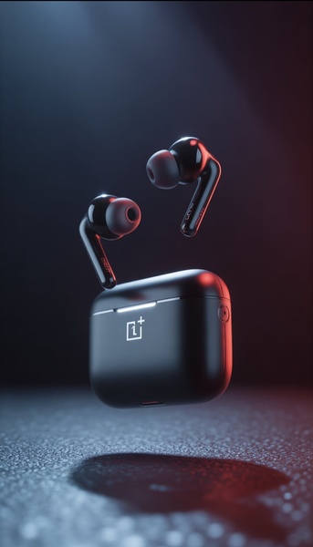 A high-end 9:16 vertical product shot featuring wireless earbuds and their charging case floating in a dark, moody environment with red and blue ambient lighting.