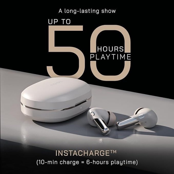 A minimalist studio shot of white wireless earbuds and their charging case, highlighting battery duration and quick-charge capabilities.