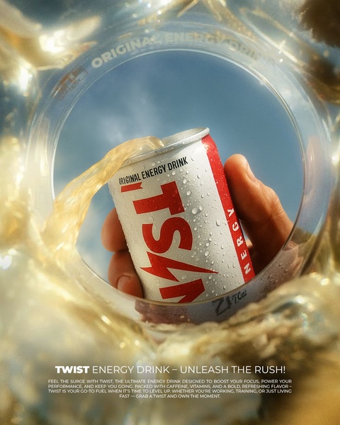 A high-energy, forced-perspective shot of an energy drink can being held through a glass surface with liquid splashing forward, emphasizing movement and refreshment.
