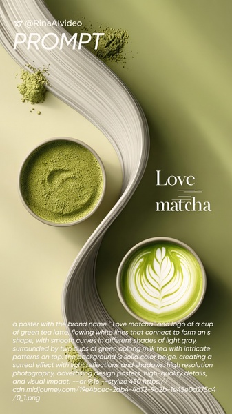 A high-end, minimalist advertisement for matcha tea featuring two bowls and elegant, flowing gray lines on a soft beige background.