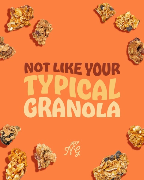 A 4:5 static ad featuring a bold, punchy headline about granola quality set against a solid orange background with product chunks.