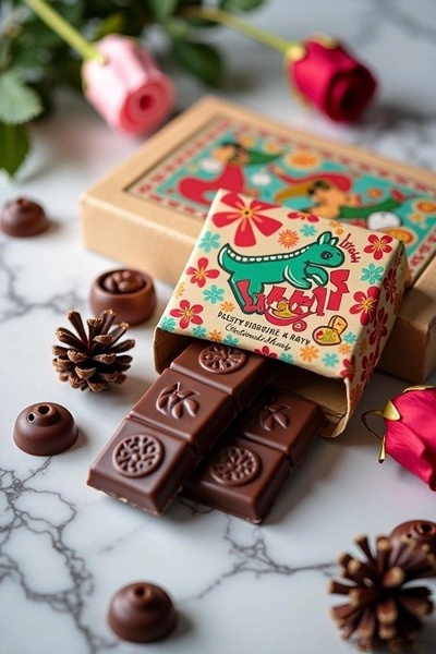 chocolate bar, milk chocolate, candy bar, gourmet chocolate, boxed chocolate, gift guide, lifestyle, warm, playful, brown, neutral, pink