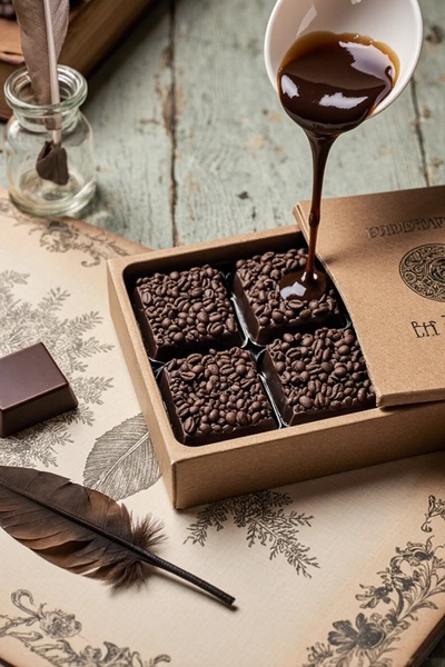 Vertical macro shot of coffee syrup being poured over coffee-infused chocolate squares, with coffee beans and vintage paper textures in brown, tan and cream