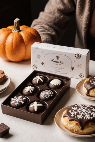 A close-up shot featuring a premium box of chocolates with snowflake designs, positioned next to a fresh pumpkin to suggest seasonal transitions.