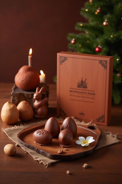 A high-end, atmospheric product shot of artisan chocolate eggs and a gift box set against a festive, warm holiday backdrop.