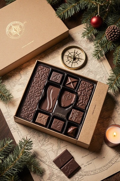 A high-end, top-down shot of an artisanal chocolate gift box arranged on a vintage map with pine branches and a candle.