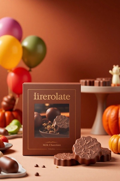 A high-quality product shot featuring a branded chocolate gift box surrounded by seasonal elements and balloons to evoke a festive feeling.