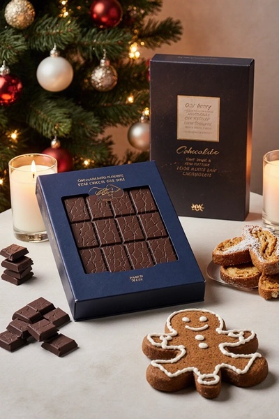 A high-quality product photography shot featuring artisanal chocolate bars in dark blue packaging set against a festive Christmas tree and candlelight background.