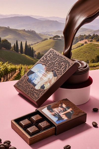 chocolate truffles, dark chocolate, chocolate gift box, gourmet chocolates, chocolate candy, boxed chocolates, brand awareness, lifestyle, luxurious, calm, brown, pink, neutral