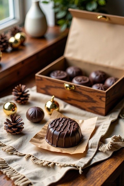 A high-end visual hero shot featuring dark artisanal chocolates in a wooden box, surrounded by seasonal decor elements like pinecones and gold accents.