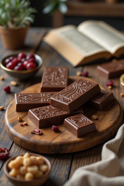 A high-detail, lifestyle-focused shot of artisanal chocolate bars arranged on a rustic wooden board with scattered fruit garnish.