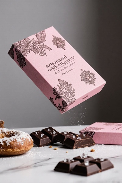 A sophisticated product shot featuring a floating box of dark salt chocolate above a marble surface with loose chocolate squares and sea salt.