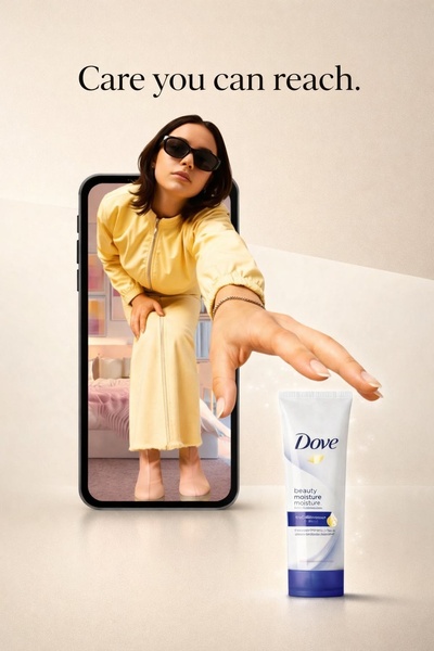 This creative features a person reaching through a smartphone screen to grab a tube of hand cream, emphasizing accessibility and immediate care.