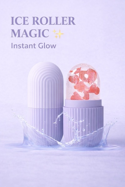 This ad features an ice roller in a serene, lavender-themed setting, highlighting the instant skin benefits through a clean and aesthetic presentation.