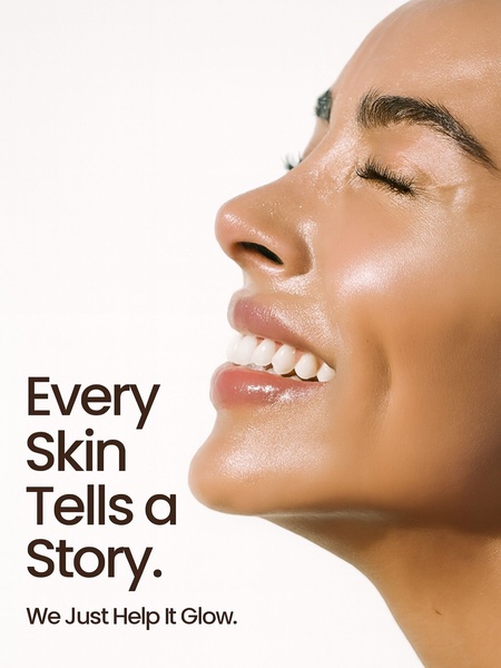 A close-up, high-key shot of a person's glowing skin with minimalist typography emphasizing the product's natural benefits.