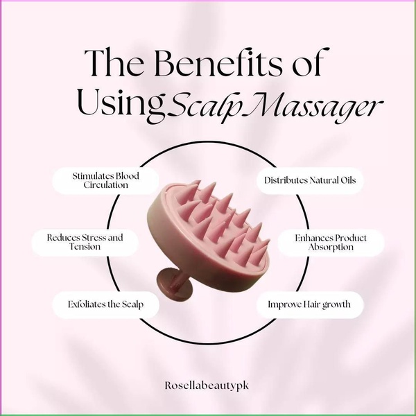 A clean, minimalist 1:1 graphic highlighting six core advantages of a silicone scalp massager through a centralized benefit-grid layout.