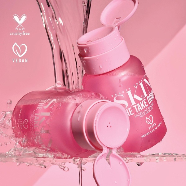 micellar water, makeup remover, facial cleanser, skin cleanser, face wash, cleansing water, product launch, brand awareness, minimalist, editorial, energetic, fresh, pink