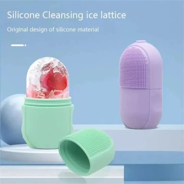 A clean, minimalist product shot featuring a silicone facial cleansing ice mold in a soothing pastel color palette.