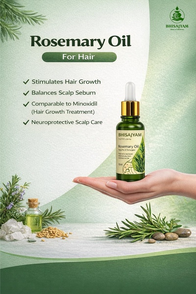 A high-clarity product shot featuring a hand-held bottle of rosemary oil with a clean list of four core growth and scalp health benefits.