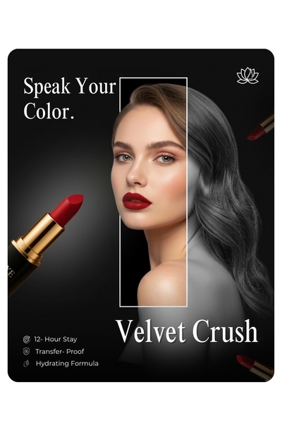 lipstick, matte lipstick, lip color, lip makeup, long lasting lipstick, bullet lipstick, product launch, brand awareness, editorial, modern typography, luxurious, bold, black, red, gold