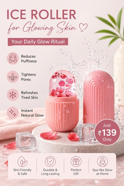 This creative showcases an ice roller with petal infusion, highlighting immediate skincare benefits through a clean, spa-inspired aesthetic.