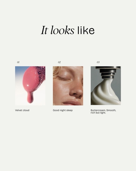 This ad uses a clean, editorial-style triptych to associate the moisturizing cream's texture with sensory experiences like clouds, sleep, and buttercream.