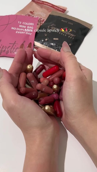 mini lipstick set, capsule lipstick, lip color set, lipstick collection, mini lip kit, travel lipstick set, new arrival, product launch, ugc style, lifestyle, playful, warm, red, pink, neutral