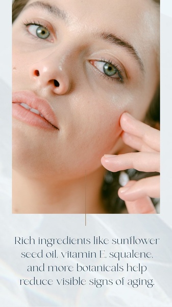 This ad creative highlights the natural, botanical ingredients of a face serum through a clean, close-up aesthetic shot.