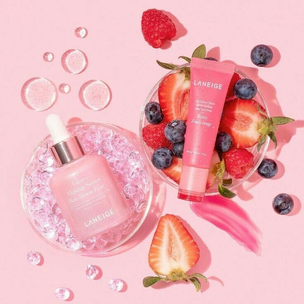 makeup serum, lip balm, face serum, lip gloss, skin primer, beauty serum, new arrival, bestseller push, flat lay, fresh, playful, pink