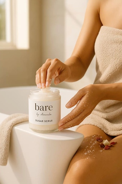 sugar scrub, body scrub, exfoliating scrub, skincare product, body exfoliant, brand awareness, lifestyle, minimalist, calm, fresh, neutral