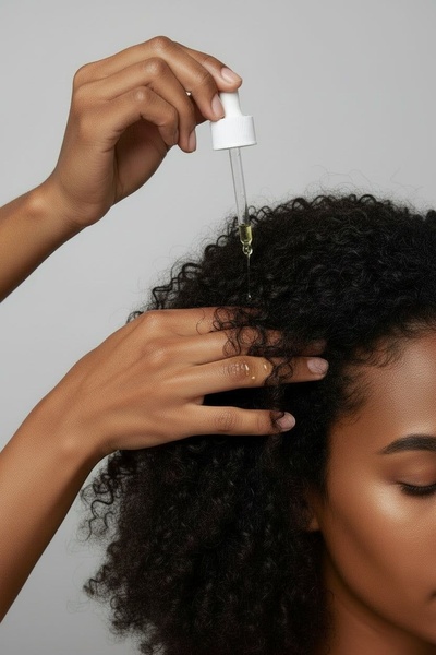 This creative focuses on a close-up, high-quality shot of a dropper applying serum directly to textured hair, emphasizing the product's texture and application process.