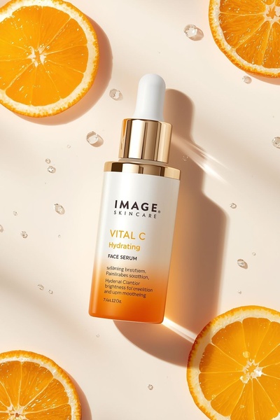 face serum, hydrating serum, vitamin c serum, facial treatment, skincare serum, new arrival, product demo, minimalist, flat lay, fresh, calm, neutral, orange, gold