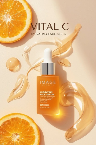 A high-end, minimalist product hero shot featuring a hydrating face serum bottle surrounded by fresh citrus slices and serum splashes.