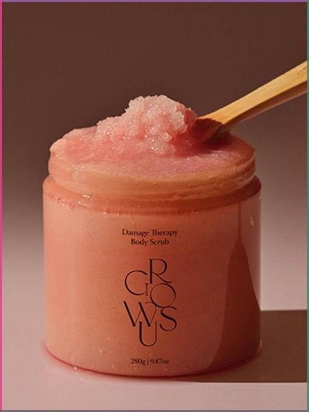 body scrub, exfoliating scrub, skin exfoliant, body polish, skincare product, product demo, minimalist, editorial, calm, luxurious, pink, neutral