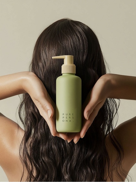 A high-end product hero shot focusing on a skin care bottle held in soft, natural hands to convey purity and organic quality.