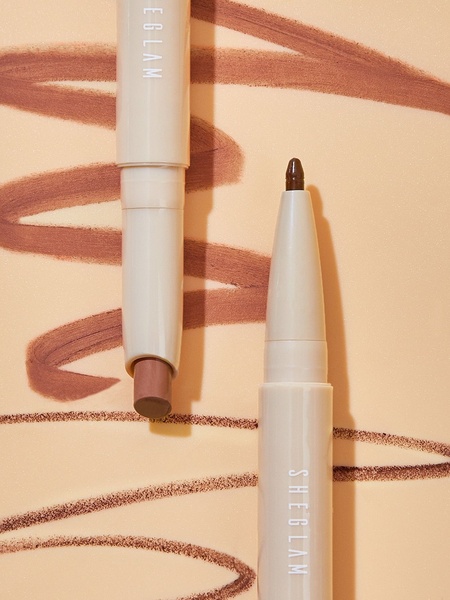 eyeliner pencil, makeup crayon, eye pencil, cosmetic pencil, brown eyeliner, product demo, minimalist, flat lay, calm, fresh, neutral, brown