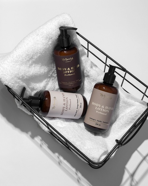 body lotion, hand lotion, perfumed lotion, moisturizer, skincare, bestseller push, minimalist, flat lay, calm, trustworthy, neutral