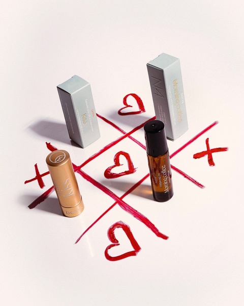 lip balm, eye serum, skincare products, beauty set, face serum, bestseller push, brand awareness, minimalist, flat lay, playful, fresh, neutral, red