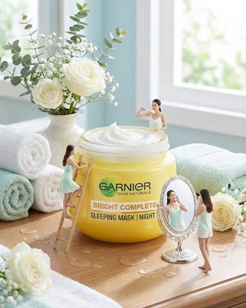 A surreal beauty ad featuring miniature people interacting with a giant sleeping mask jar, emphasizing the product as a central skincare necessity.