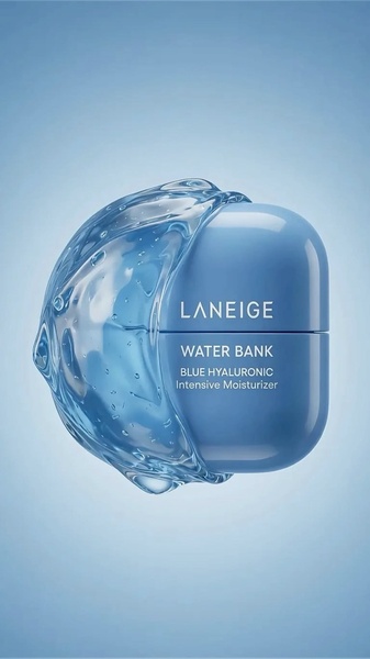A high-end 9:16 product hero shot featuring the moisturizer jar encased in a dynamic, clean water splash against a soft blue gradient background.