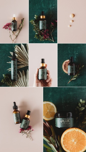 A collection of product shots featuring skincare oil and night cream, styled with fresh fruit and foliage on dark green and neutral backgrounds.