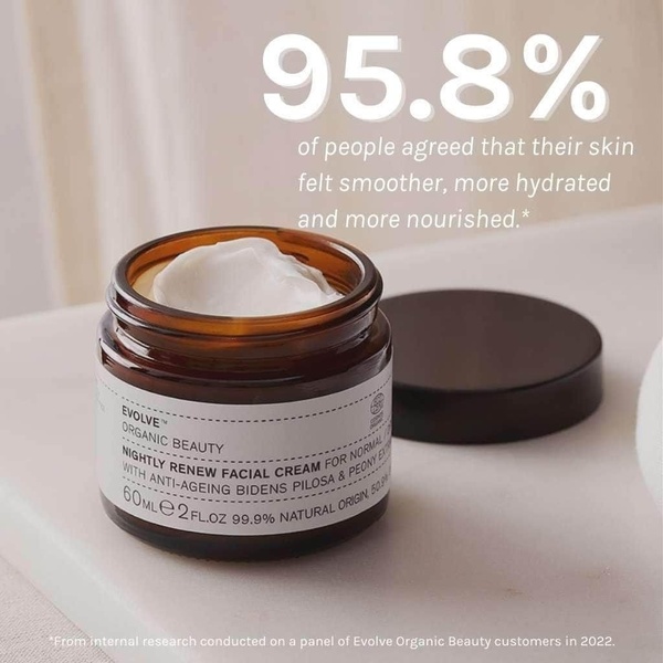 A clean, minimalist product shot of a facial cream jar paired with a high-percentage customer satisfaction statistic.