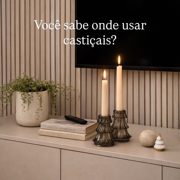 A high-end lifestyle shot featuring two modern candelabras on a sideboard, using a question-based headline to drive audience engagement.