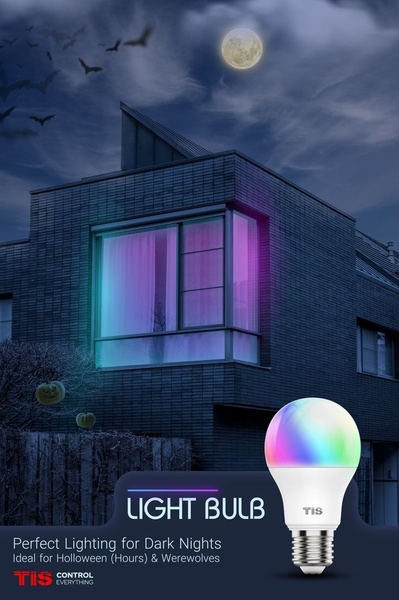 A high-contrast, moody scene featuring a light bulb illuminating a home exterior under a full moon, using vibrant purple and teal lighting to set a Halloween theme.