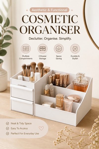 cosmetic organizer, makeup organizer, makeup storage, vanity organizer, beauty organizer, makeup holder, desk organizer, product launch, brand awareness, lifestyle, minimalist, calm, warm, neutral, brown, gold