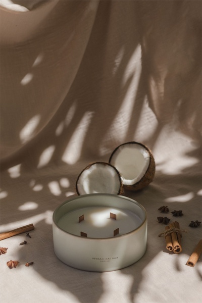 scented candle, container candle, decorative candle, home fragrance, luxury candle, brand awareness, minimalist, lifestyle, calm, luxurious, neutral, brown