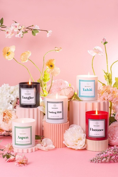 scented candle, container candle, jar candle, wax candle, home fragrance, bestseller push, minimalist, lifestyle, calm, fresh, pink, pastel, neutral