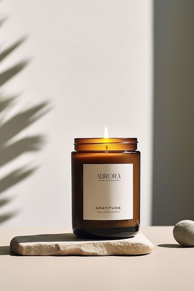 scented candle, jar candle, wellness candle, soy candle, amber jar candle, brand awareness, minimalist, calm, luxurious, neutral, brown